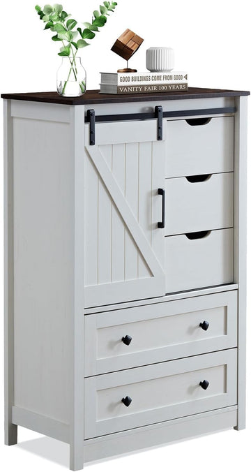 Antique White Dresser with 5 Drawers, 5 Chest of Drawers with Sliding Barn Door, Farmhouse Dresser