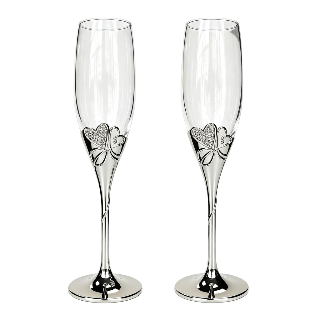 True Love Silverplate Champagne Flutes Set of 2 Silver Toasting Glasses with Metal Base & Crystal Stones, Flute Pair