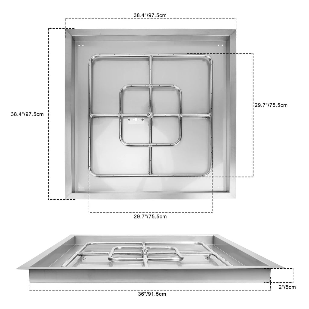36" Square Fire Pit Flat Pan with Burner Ring, 435, 000 BTU