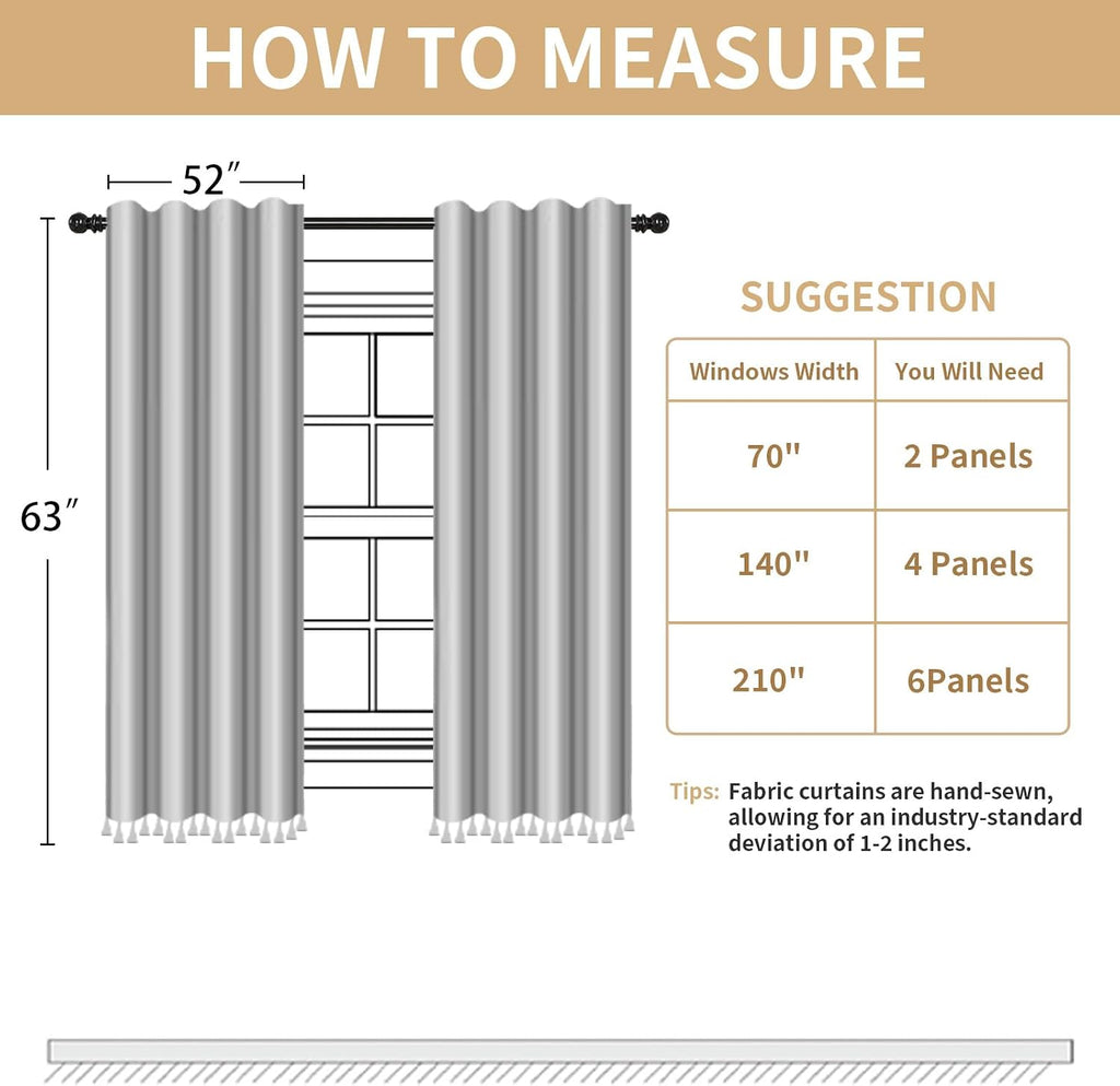 Boho Light Filtering Curtains 63 Inches Long Beige Linen Blend 2 Panels with Tassels and Cotton Embroidery, Farmhouse