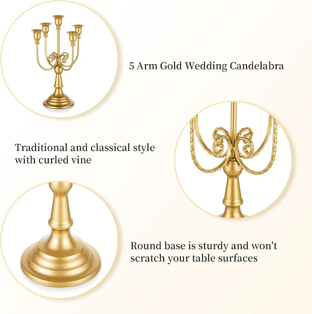 Candelabra Gold Candle Holders - 5 Arm 11.8" Wedding Candlestick Holder for Theme Party Table Centerpiece Decor
