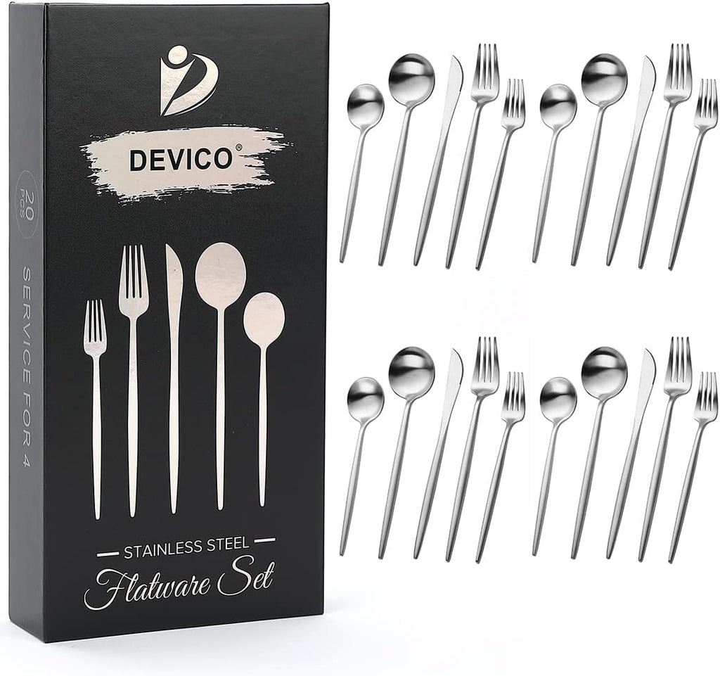 Matte Silverware Set, 20-Piece 18/10 Stainless Steel Flatware Cutlery Utensils Tableware Set Service for 4