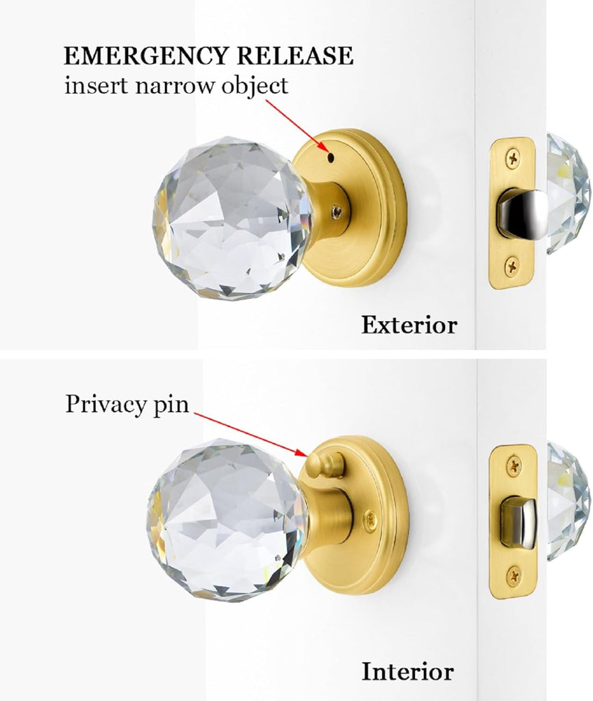 Crystal Glass Door Knobs Interior with Lock, Privacy Bathroom Bedroom Door Knobs Gold Door Knob, Satin Brass