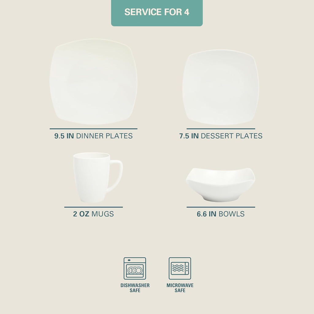 Zen Buffet White Porcelain Dinnerware Set for 4, Square Plates Bowls and Mugs, Chip and Scratch Resistant