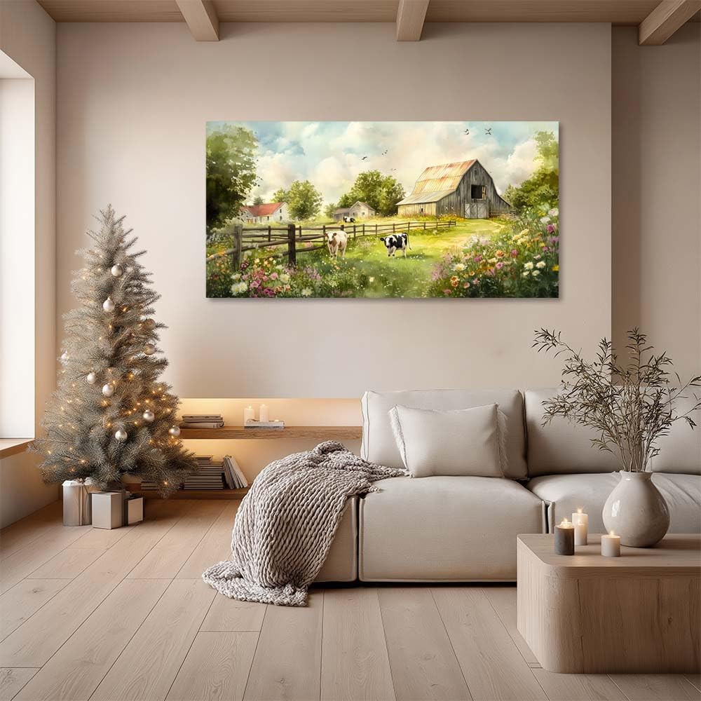 Rustic Farmhouse Barn Canvas Wall Art Vintage Wooden Barn with Cows Countryside Artwork Gallery Wrapped Canvas