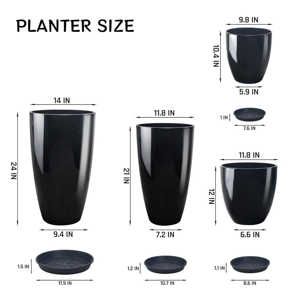 24/21/12/10" H Large Plastic Planters with Drainage Hole and Saucer -Set of 4 Tall Plant Pots for Indoor & Outdoor