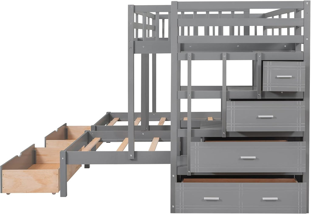 L Shaped Bunk Bed Full Over Twin Over Twin for 3, Triple Bunk Beds Frame with Storage Drawers and Staircase