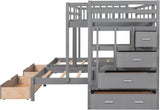 L Shaped Bunk Bed Full Over Twin Over Twin for 3, Triple Bunk Beds Frame with Storage Drawers and Staircase