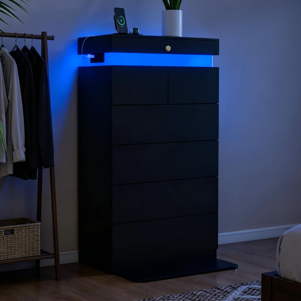 48" Tall Black Dresser 6 Drawer with LED Lights & Charging Station