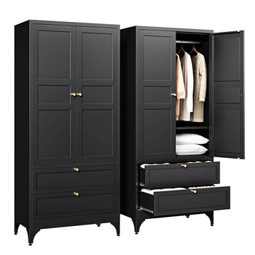 Metal Armoire Wardrobe Closet with Drawers, Clothing Storage Cabinet with Doors and Shelves, Coat Closet with Hanging