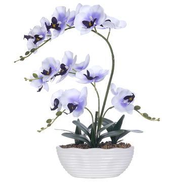 Large Silk Orchid in Wave Pot 19" Phalaenopsis for Table, White and Purple