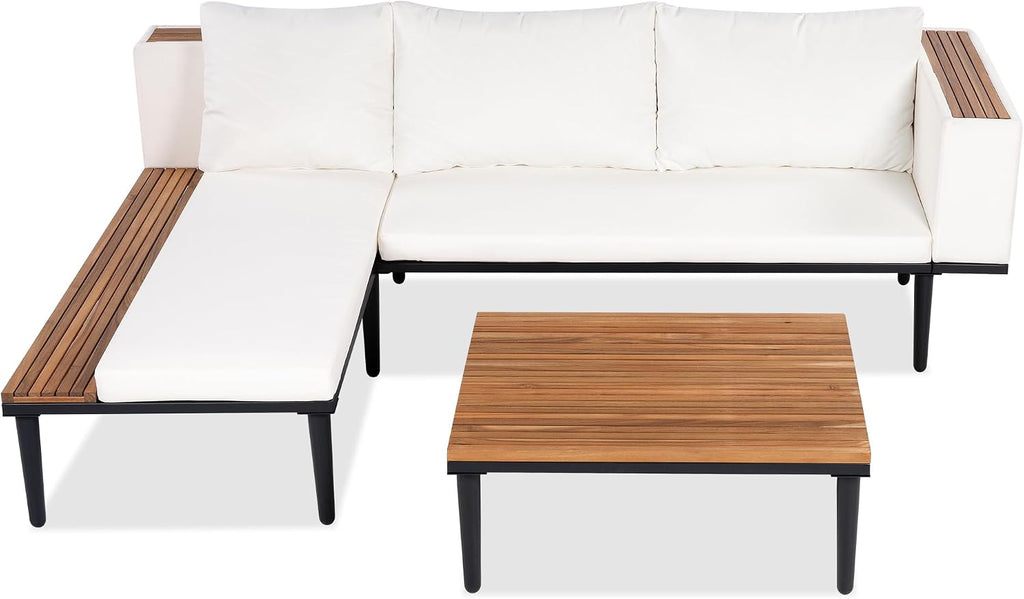 3 Pieces Acacia Wood Sectional Patio Sofa with Coffee Table, Outdoor L-Shaped Sectional Sofa with Side Table