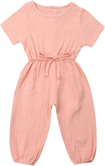 Toddler Baby Girl Summer Fall Basic Plain Short Sleeve Cotton Linen Drawstring Romper Jumpsuit