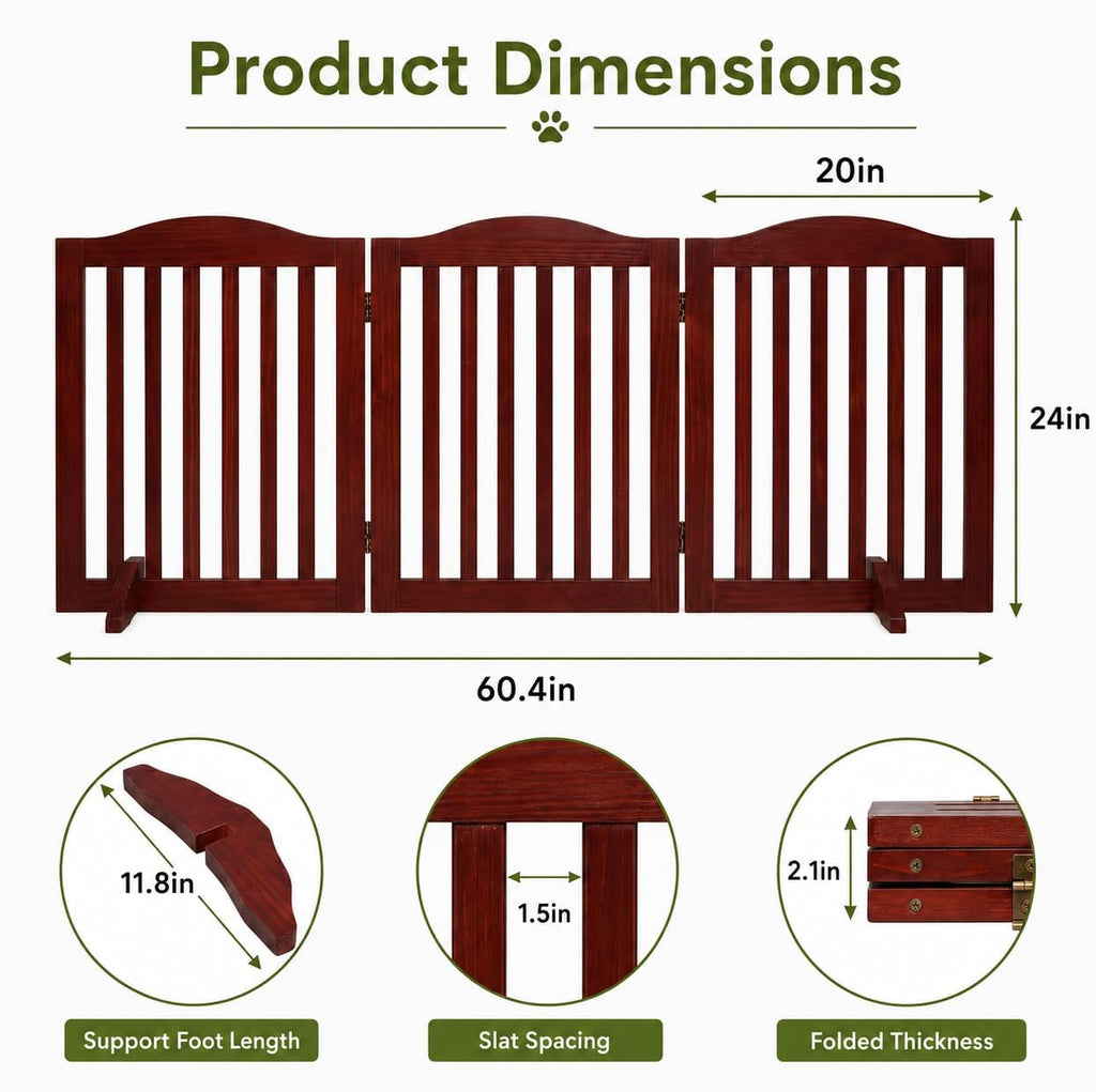 Freestanding Foldable Wood Pet Gate, 24in 3-Panel Step-Over Fence