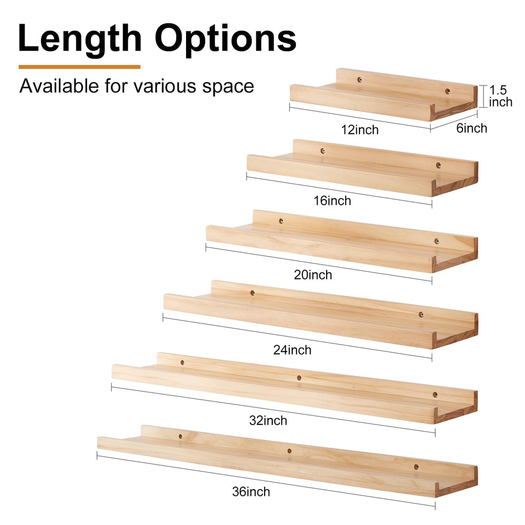 16 inch Floating Shelves for Wall Set of 2, Rustic Pine Wood Wall Shelves, Picture Ledge for Storage, Books, Room