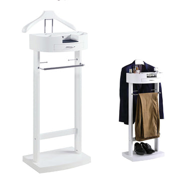 Wooden Suit Valet Stand with Drawer, Top Tray, Trouser Bar, Tie Hooks and Shoe Rack, Freestanding Clothing Organizer