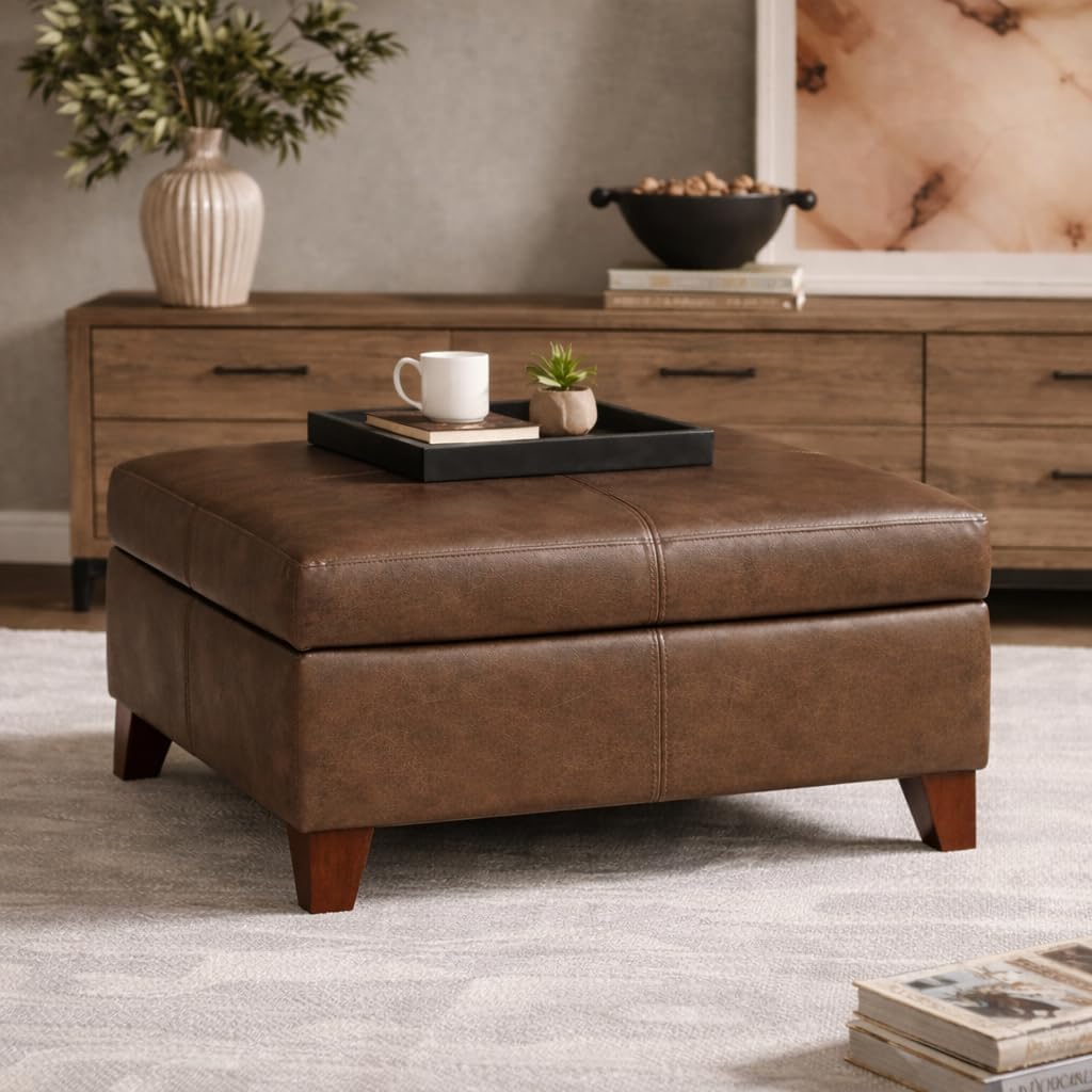 28" Faux Leather Square Storage Ottoman - Brown
