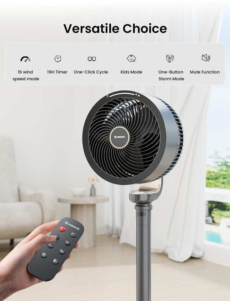 Pedestal Fan , 16-Speed DC Motor Standing Fan with Remote, 90°+90° Omni-Directional Oscillating, 1000CFM Airflow