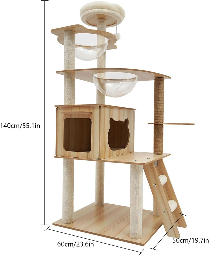 Wood Cat Tree, Modern 5-Tier Wooden Cat Tree, Wooden Tower with Acrylic Space Capsules & Sisal Scratching Post