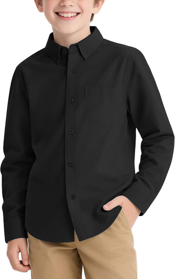 Boys Long Sleeve Dress Shirts Button Down Uniform Shirt with Pocket