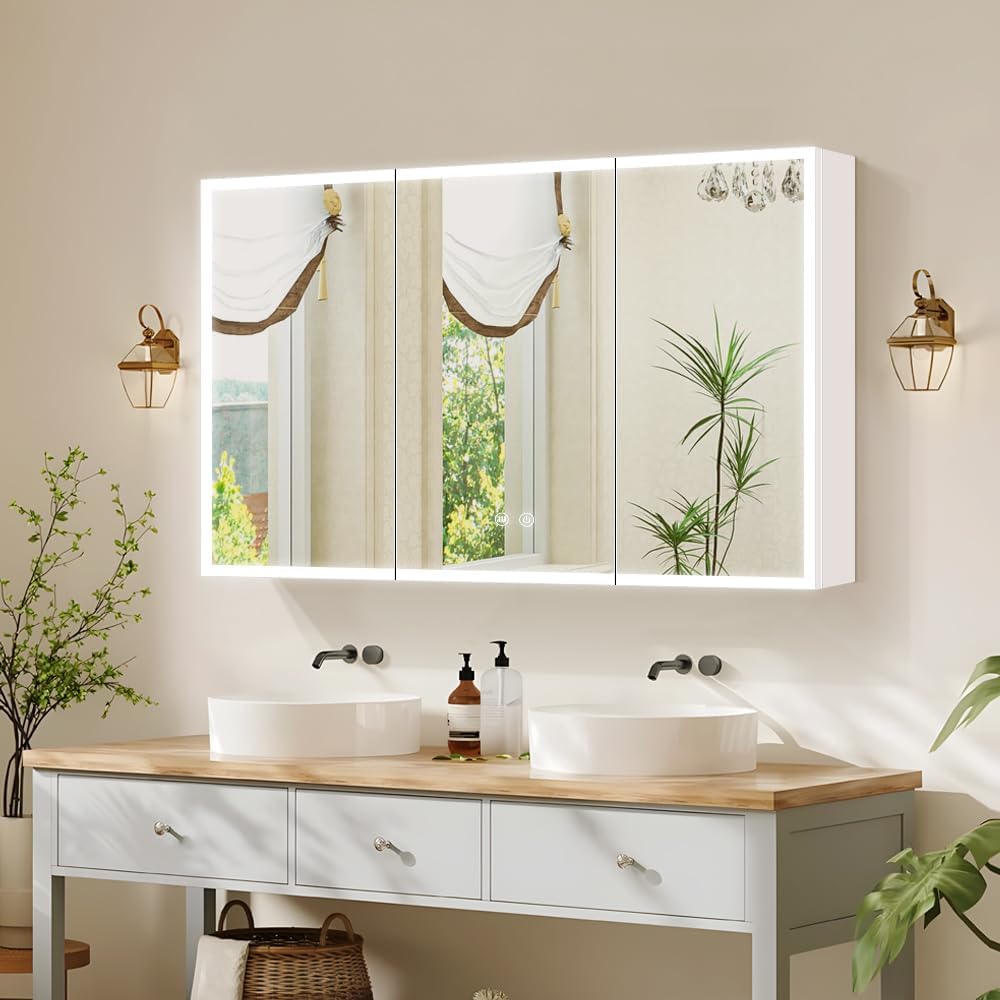 White LED Mirror Medicine Cabinets, Surface Mounted 40 x 24 Inch Bathroom Mirror Cabinet with Lights 3 Colors