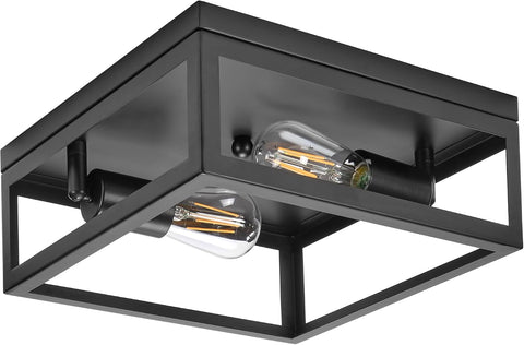 Indoor/Outdoor Flush Mount Ceiling Light, 2-Light Square, Black | Farmhouse Style, Close to Ceiling, Entryway Light