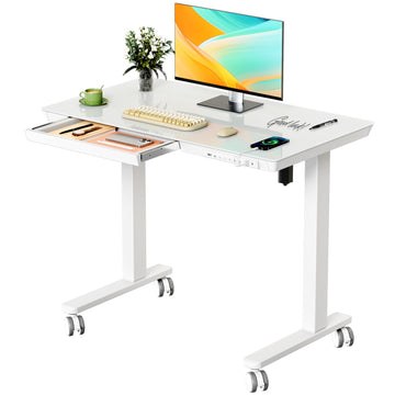 35" Electric Standing Desk with Drawer, One-Piece Glass Top