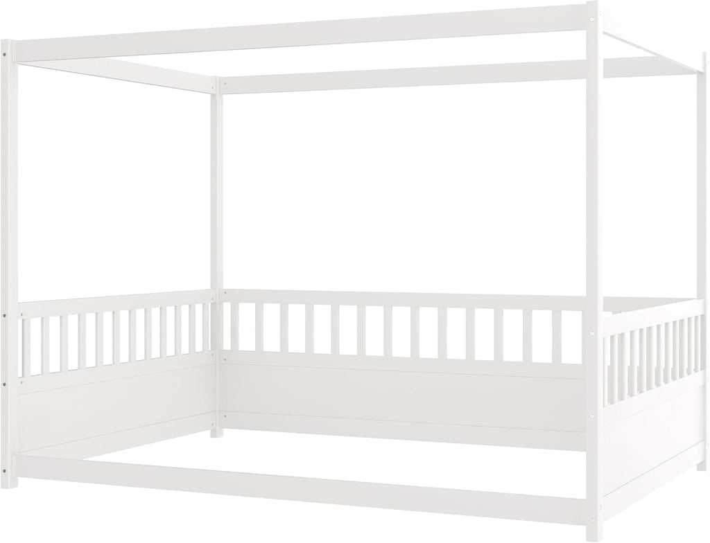 Canopy BedFrame, Wood Montessori House Floor Bed, Canopy Platform Bed for Kids, White no slats