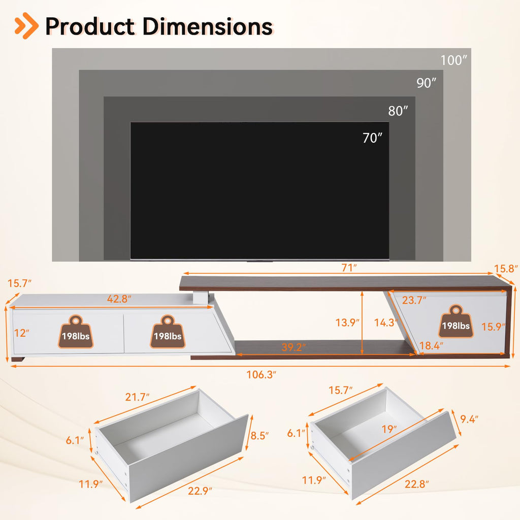 Extendable TV Stand, LED Entertainment Center, 71.0" - 106.3"