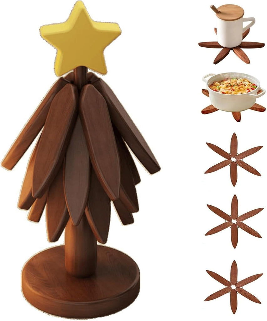 Trivets for Hot Dishes, Upgraded Foldable Wooden Coaster Set Walnut Wood Christmas Tree Trivet Stand Home Decoration
