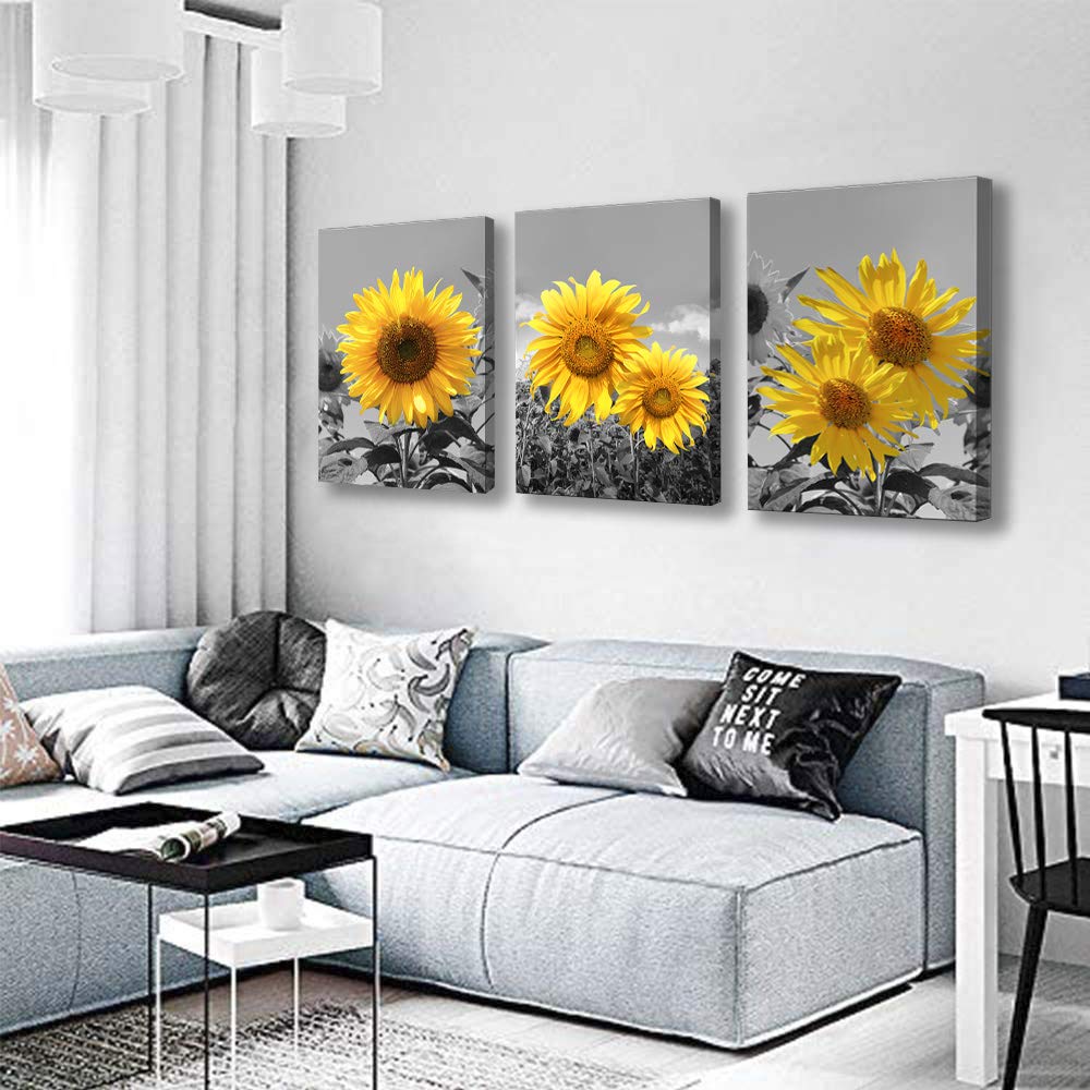 Sunflower Wall Art Black White Flowers Wall Decor Yellow Floral Canvas Prints Painting Wood Frame with Hook