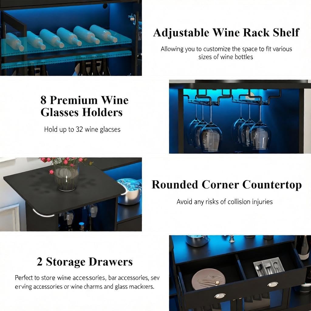 63" Coffee Bar Cabinet with Storage, Black Wine Cabinet with LED Lights | Bar Table with Storage Drawer & Glass
