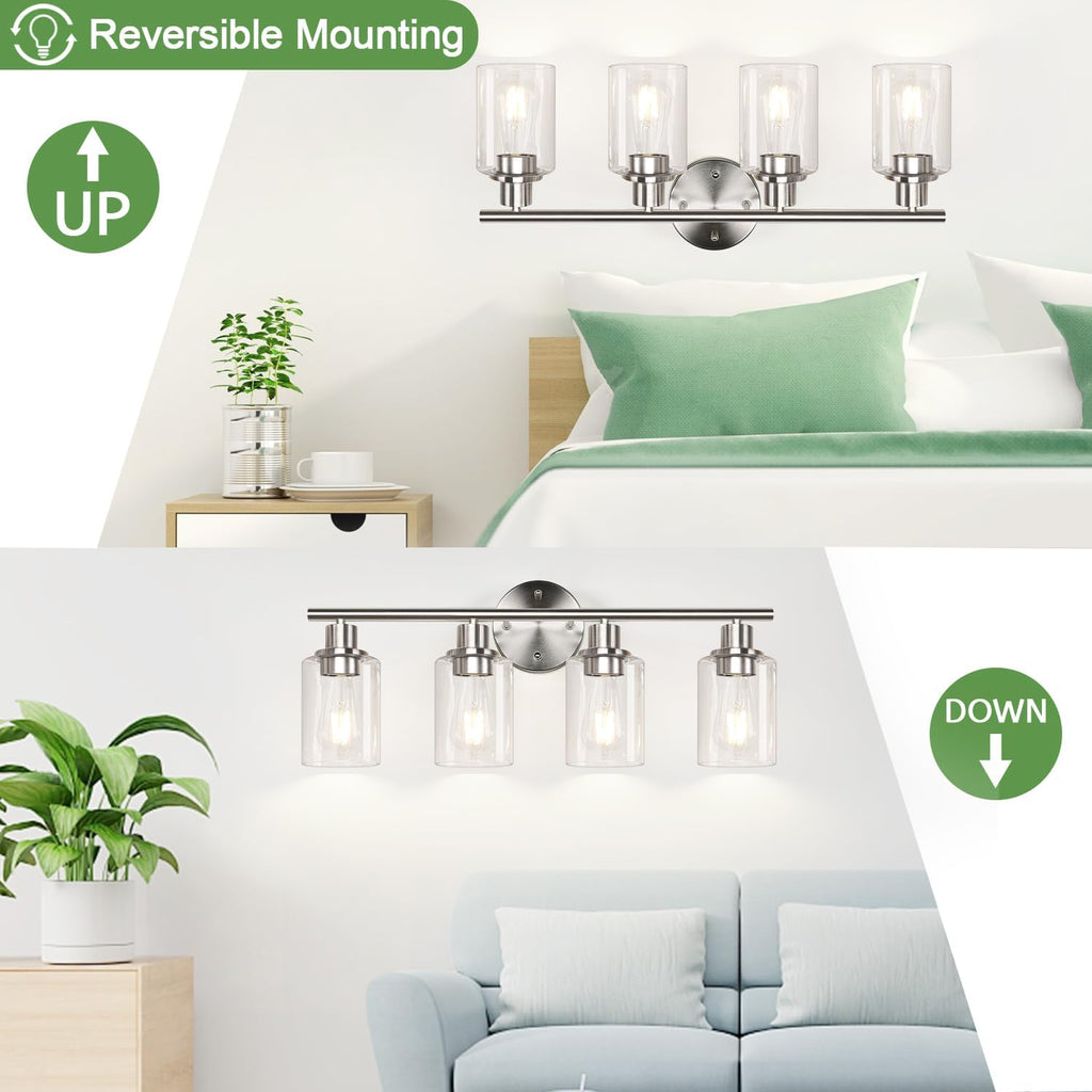 4-Light Bathroom Light Fixtures, Brushed Nickel Modern Vanity Lights Over Mirror with Clear Glass Shade, Bathroom