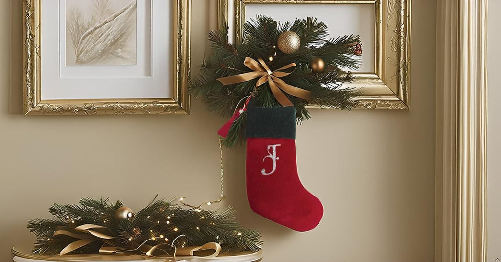 Red and Green Velvet Rhinestone Monogram Christmas Stocking - J