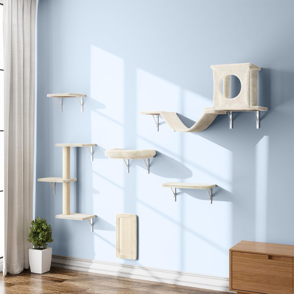 Cat Wall Shelves, 6 Pcs Luxury Wall-Mounted Cat Climber Set, Beige