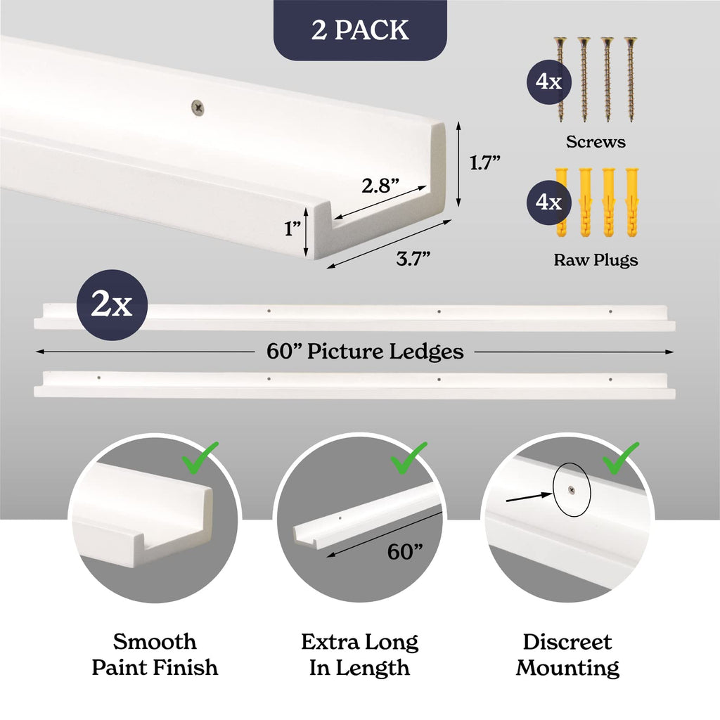 Picture Ledge Shelf for Wall [White, 60 Inch, 2 Pack] Narrow Floating Photo and Picture Shelves. Wooden Displaying