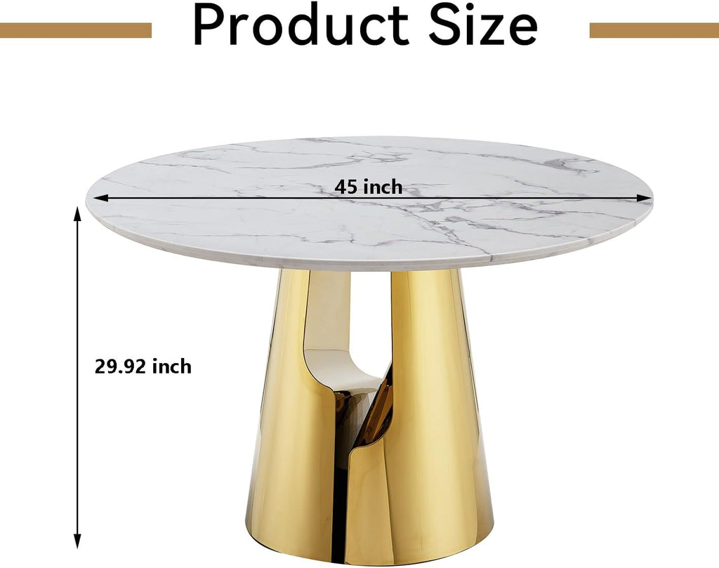 Luxury Marble Round Dining Table for 4-6, White Gold 45" Faux Marble Kitchen Table with Mirrored Stainless Steel