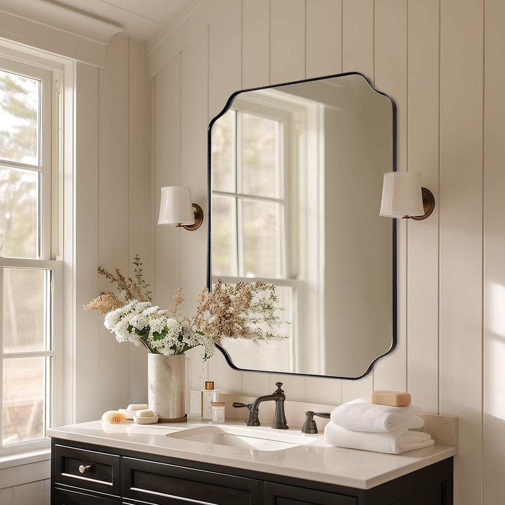 Unique Rectangle Wall Mirror, 24"x32" Black Mirror, Modern Mirror with Aesthetic Scalloped Edge Design Ideal, Thin