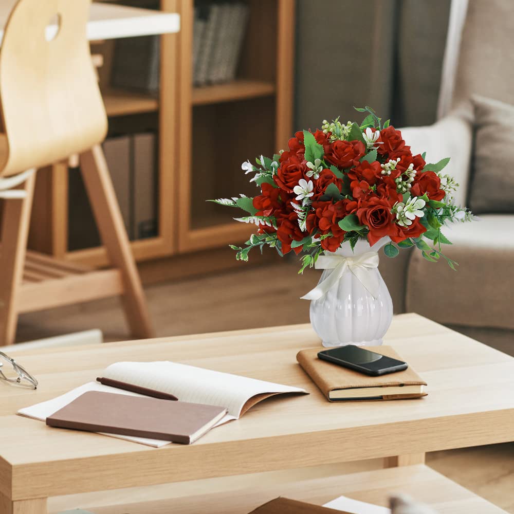 Artificial Rose Silk Hydrangea Flowers Bouquets with Vase Rustic Fake Flowers Decoration Table Centerpiece(Claret Red)