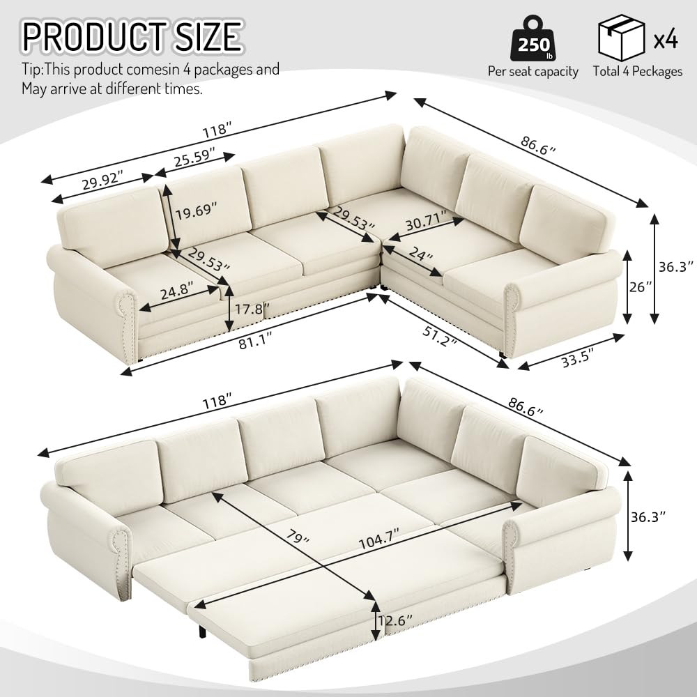 118" Sleeper Sofa Bed, Sectional Couches /Apartment, Chenille L Shaped Couch with Pull Out Couch Bed, Convertible