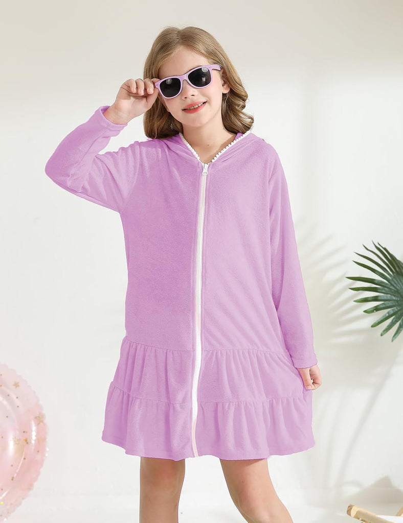 Girls Swim Cover Up Kids Long Sleeve Swimsuit Coverup Terry Beach Pool Clothes with Sunglasses