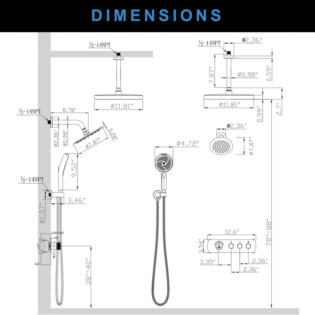 Shower System Brass Thermostatic Shower Faucet Set With Valve and Diverter Shower Mixer with 2 Rain Shower Head and