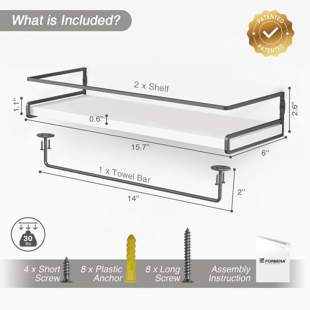 White Floating Shelves Organizer Over Toilet, Bathroom Shelves Wall Mounted with Towel Rack, Corner Wall Shelf Decor