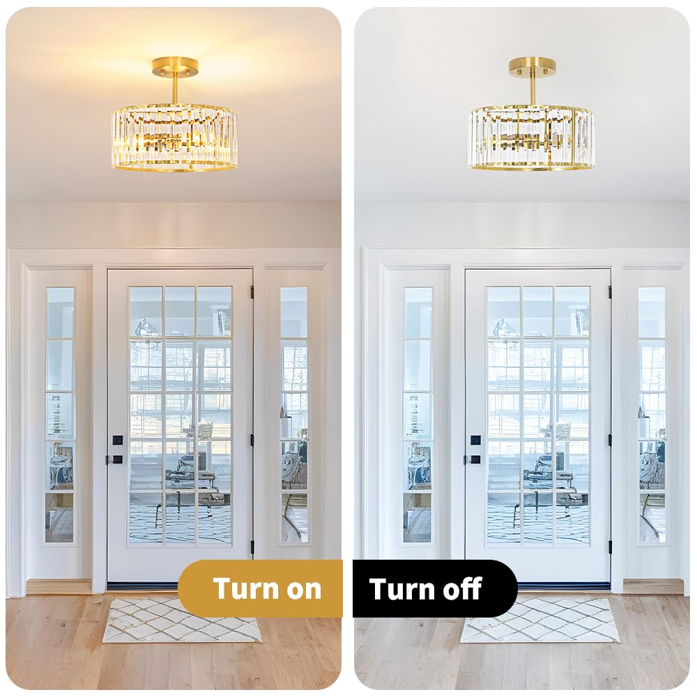 Modern Crystal Ceiling Light, Brushed Gold Semi Flush Mount Ceiling Lighting Fixture, Brass Hallway Light Fixtures