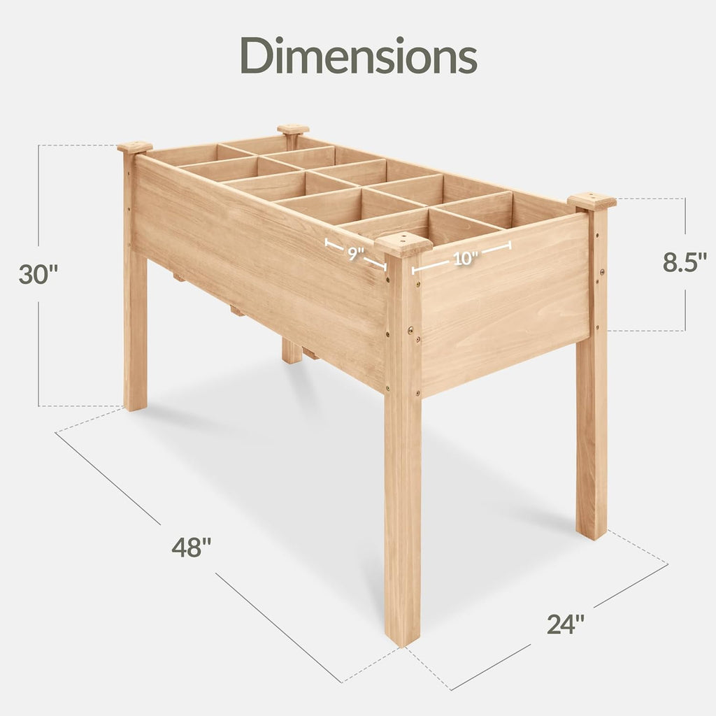 Raised Herb Garden Bed Planter Box - Elevated Wooden Planter with 10 Grid Growing Compartments, Drainage Holes