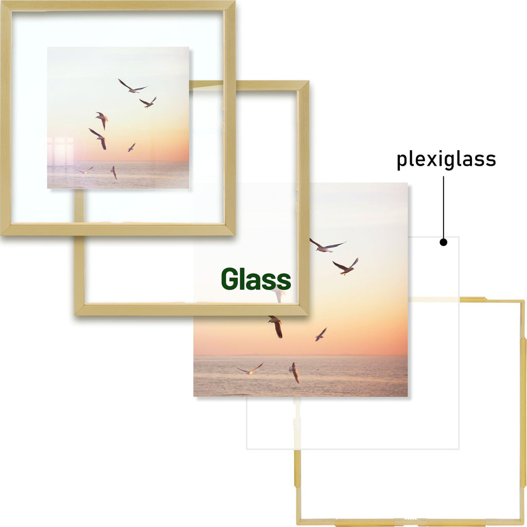 2 Pack 8x8 Gold Metal Floating Picture Frame Real Glass