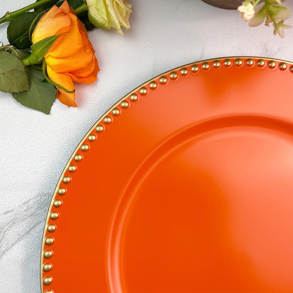 Orange Charger Plates with Beaded Rim, 13" Round Charger for Dinner Plates, Set of 6, Plastic Plate Chargers for