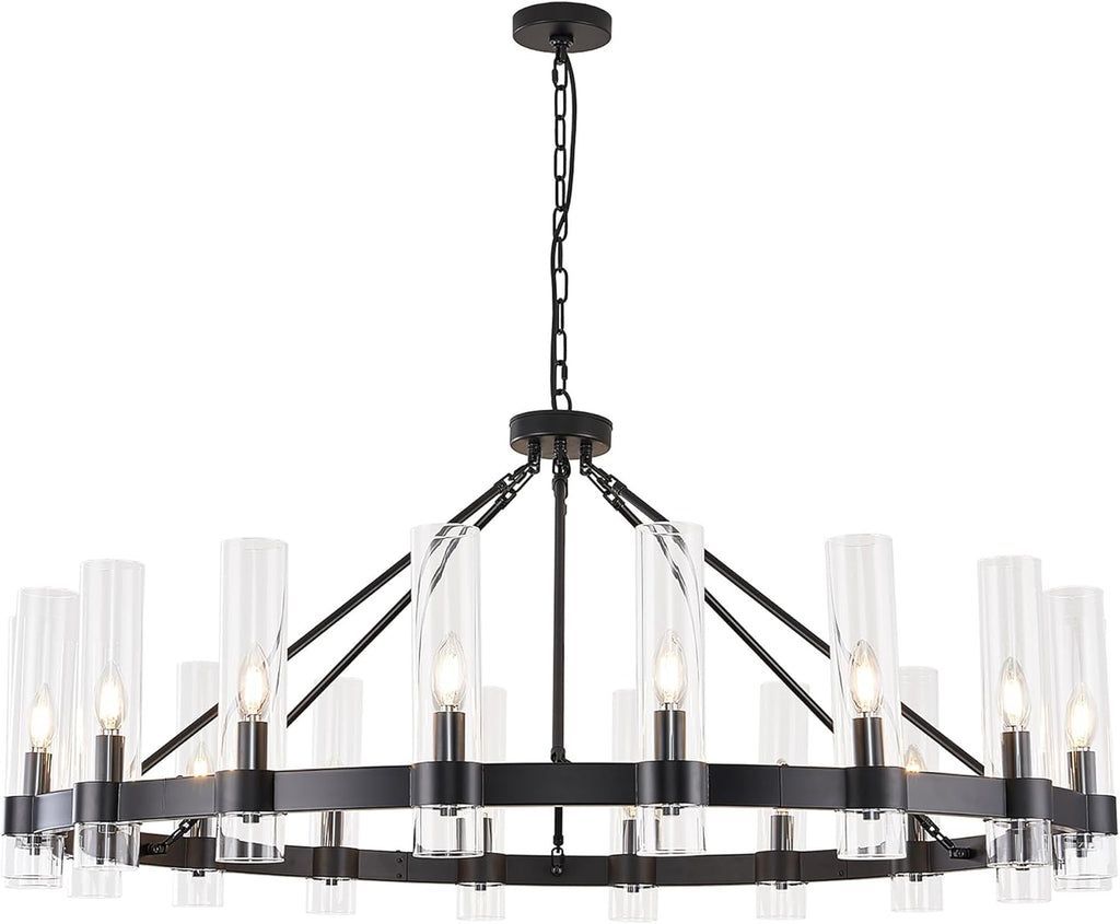 Black Wagon Wheel Chandelier with Glass Shape Large Farmhouse Chandeliers Lighting,Hanging Ceiling Round Pendant Light Fixtures for High Ceiling (Black + Glass Shape) A115-B0D1KDQ3HZ