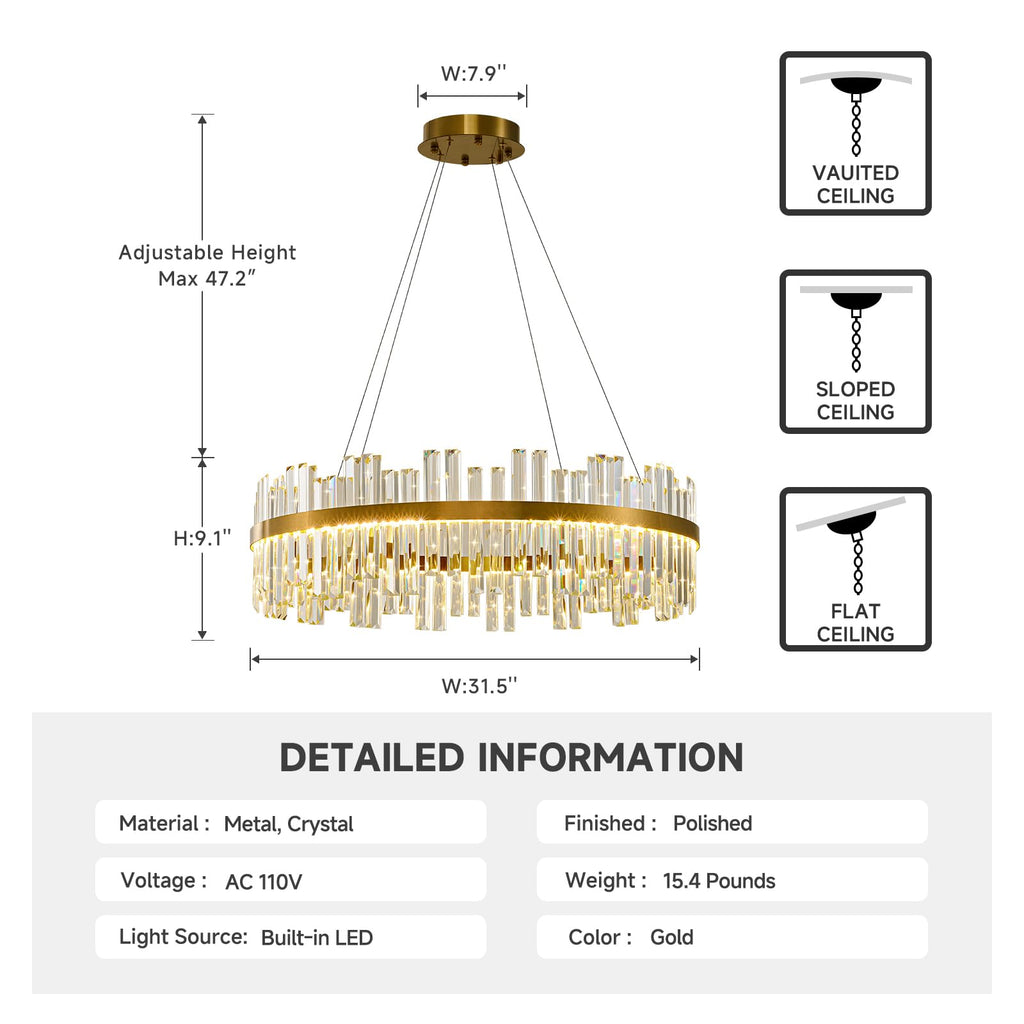 Gold Led Modern Crystal Chandelier, Round Large Dining Room Light Fixture