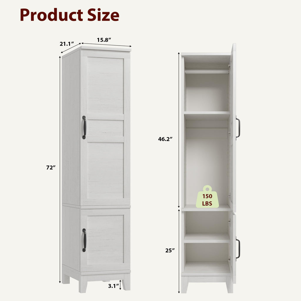 Armoire Wardrobe Closet with 2 Doors, 72 in Wooden Wardrobe Cabinet with Hanging Rod, Narrow Tall Clothing Armoire